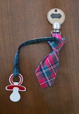Mud Pie Pacifier Tie Clip Baby Boy Plaid Tartan Binkie Accessory